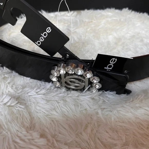 Bebe Black faux patent leather embellished belt rhinestones detailing XL - Picture 3 of 7